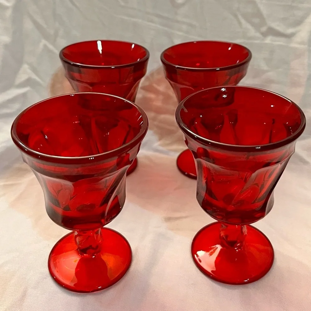VTG Fostoria Jamestown Ruby Red Champagne Tall Sherbet Glasses Set of 4 Swirl